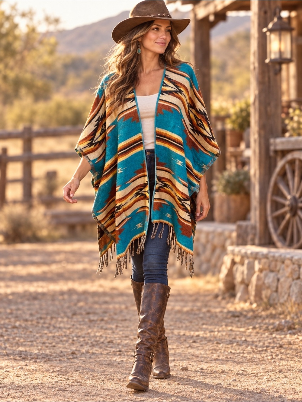 Aztec Print Poncho w/Fringe- Unbranded